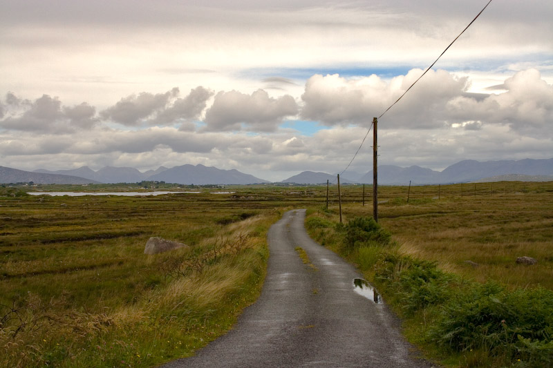 The road from the ferry to Cashel. Twelve Bens (the mountains) in the distance.