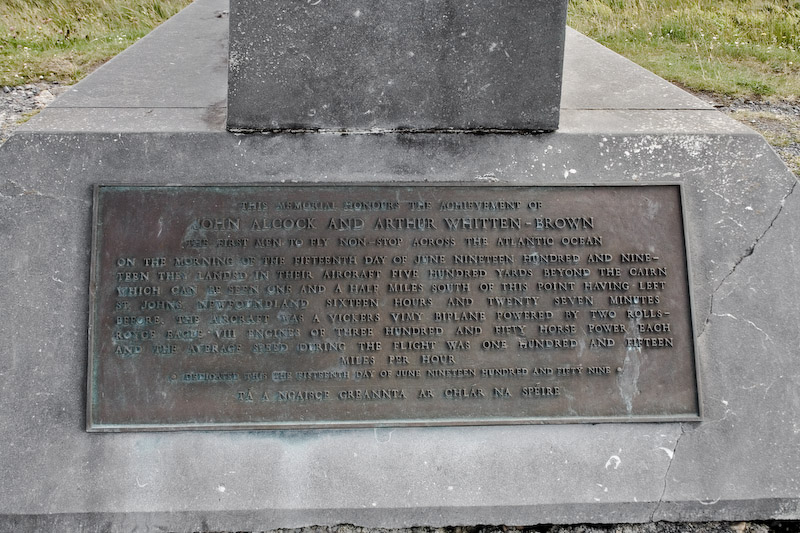 Plaque on the Alcock & Brown monument.