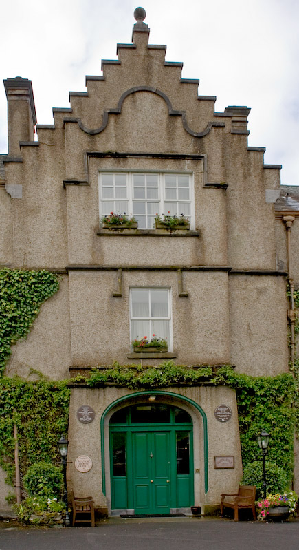 Unimposing front entrance to Ballynahinch Castle.