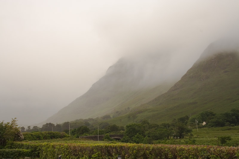 Next day doesn't start out much better, but it did improve. Here the morning mist covers the Sheefry Hills.