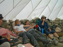 Parachute tent break. Vanessa, GIles, Mike.